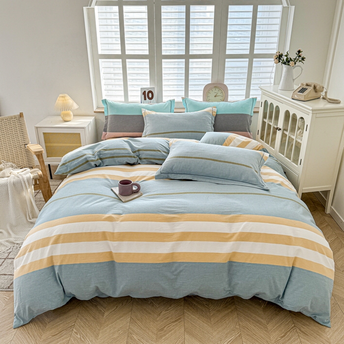 91家纺网 家纺一手货源 找家纺 喜四方 2025新款全棉色织水洗棉四件套 往事-绿