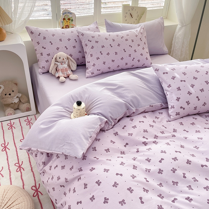 91家纺网 家纺一手货源 找家纺 宜家坊 2025全棉13070单被套印花小清新卡通碎花纯棉单品被套枕套（有预缩售后无忧 免费提供买家秀） 紫色蝴蝶结