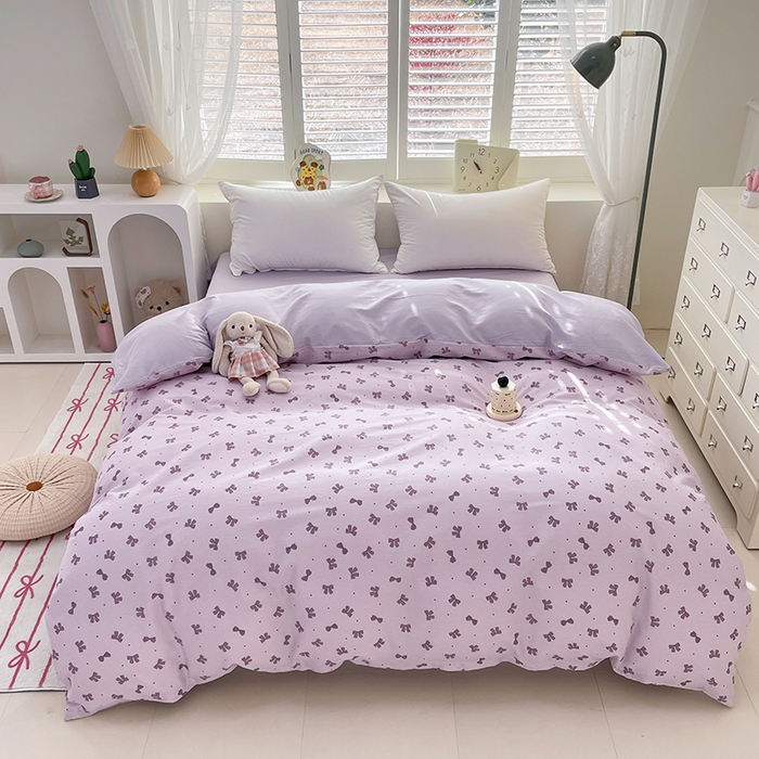 91家纺网 家纺一手货源 找家纺 宜家坊 2025全棉13070单被套印花小清新卡通碎花纯棉单品被套枕套（有预缩售后无忧 免费提供买家秀） 紫色蝴蝶结