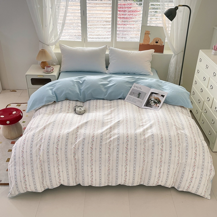 91家纺网 家纺一手货源 找家纺 宜家坊 2025热款全棉四件套学生床三件套单品床单床笠单被套印花小清新卡通碎花纯棉三四件套 水苏花条纹