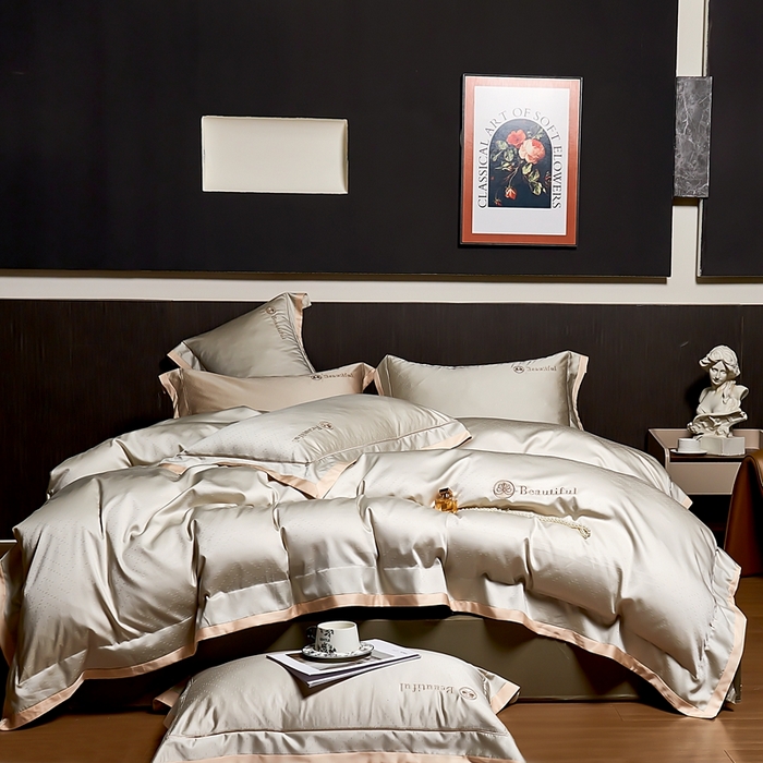 91家纺网 家纺一手货源 找家纺 U品汇 2025新款60支双股120s天丝棉提花莱赛尔纤维刺绣花四件套纯棉全棉凉感丝滑（罗宾） 罗宾-香槟色