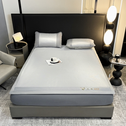 航途席业 2025新款刺绣可水洗碳光冰丝席宽包边无纺布冰丝席艾香系列 艾草刺绣藤席千鸟格床席款灰色