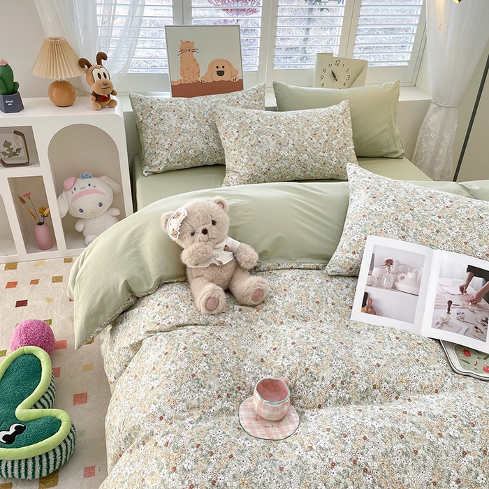 91家纺网 家纺一手货源 找家纺 宜家坊 2025热款全棉四件套学生床三件套单品床单床笠单被套印花小清新卡通碎花纯棉三四件套 繁花似锦绿