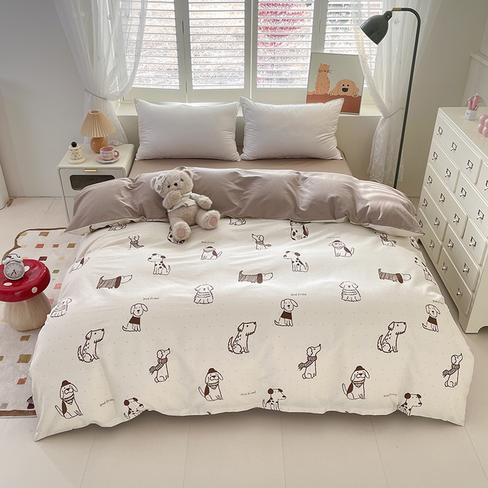 91家纺网 家纺一手货源 找家纺 宜家坊 2025热款全棉四件套学生床三件套单品床单床笠单被套印花小清新卡通碎花纯棉三四件套 休闲狗