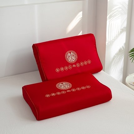 萌番宝 2025全棉刺绣新婚庆乳胶枕芯大红色结婚用枕头女方陪嫁送礼纯棉单人枕 百年好合