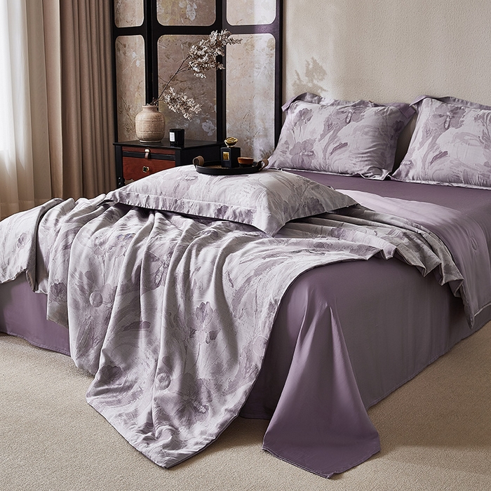 91家纺网 家纺一手货源 找家纺 鸣升家纺 2025新款兰精天丝棉大提花100%蚕丝被 夏被 空调被（包检测） 暮云-紫