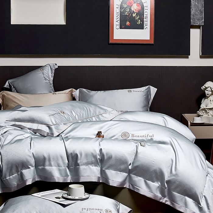 91家纺网 家纺一手货源 找家纺 U品汇 2025新款60支双股120s天丝棉提花莱赛尔纤维刺绣花四件套纯棉全棉凉感丝滑（罗宾） 罗宾-海湾蓝