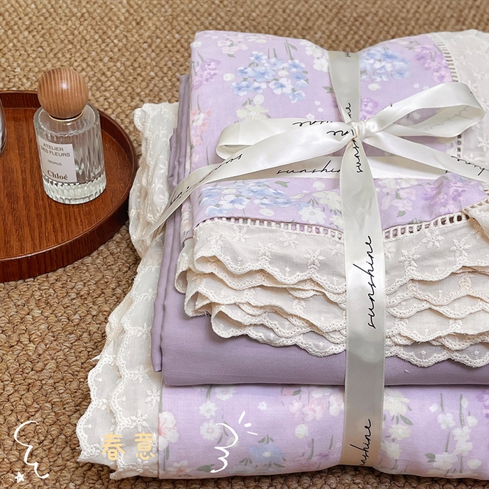 91家纺网 家纺一手货源 找家纺 荣轩家居 2025新款全棉双层纱镂空花边工艺款四件套 春意