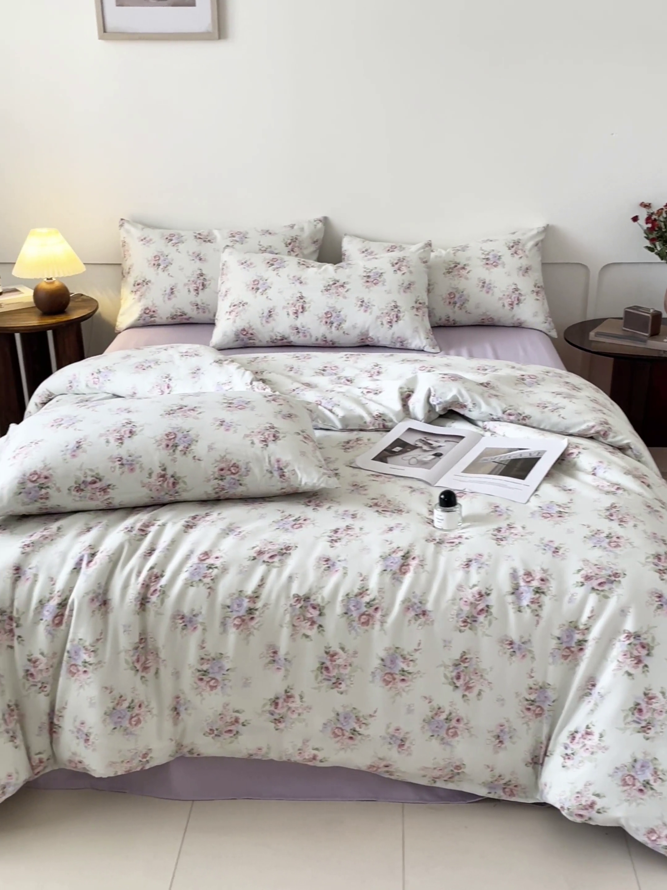 91家纺网 家纺一手货源 找家纺 诺梵家纺 2025新款有氧双层纱印花四件套 粉色蔷薇