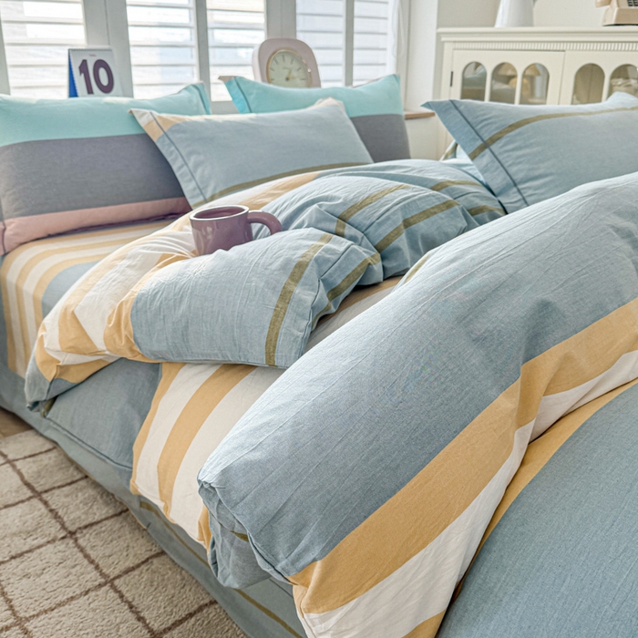 91家纺网 家纺一手货源 找家纺 喜四方 2025新款全棉色织水洗棉四件套 往事-绿