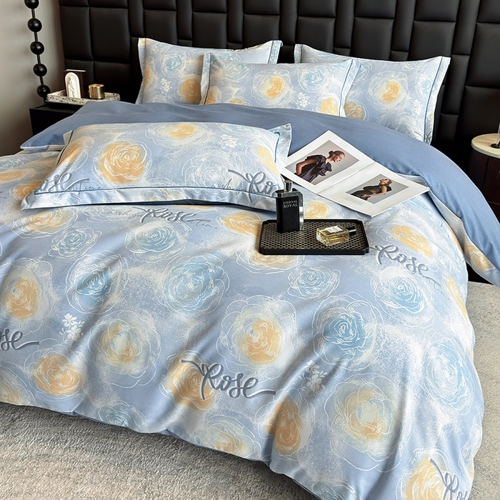 91家纺网 家纺一手货源 找家纺 海洋家纺 2025新款全棉磨毛四件套 花香满园 蓝