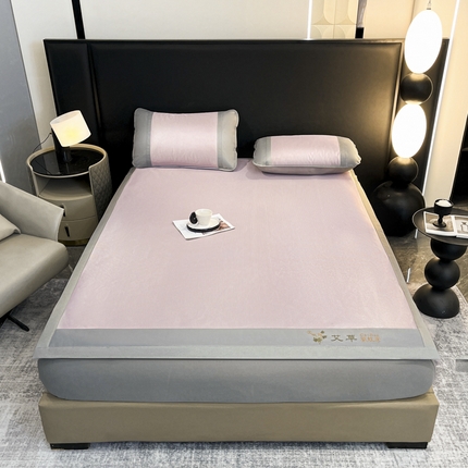 航途席业 2025新款刺绣可水洗碳光冰丝席宽包边无纺布冰丝席艾香系列 艾草刺绣藤席千鸟格床席款粉色