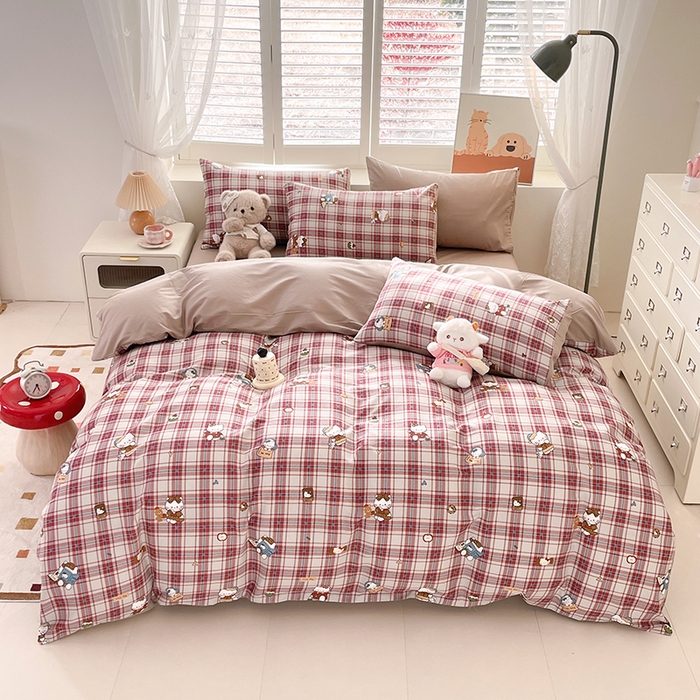 91家纺网 家纺一手货源 找家纺 宜家坊 2025热款全棉四件套学生床三件套单品床单床笠单被套印花小清新卡通碎花纯棉三四件套 格子凯特