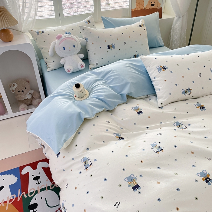91家纺网 家纺一手货源 找家纺 宜家坊 2025热款全棉四件套学生床三件套单品床单床笠单被套印花小清新卡通碎花纯棉三四件套 波点小象
