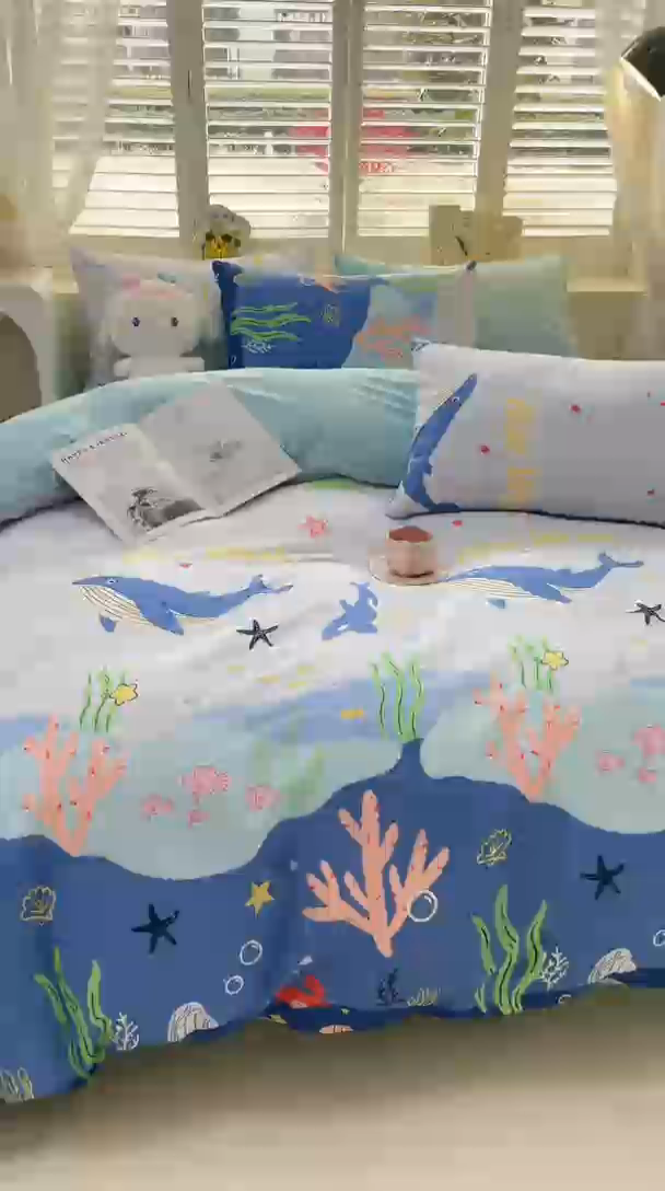 91家纺网 家纺一手货源 找家纺 宜家坊 2025热款全棉四件套学生床三件套单品床单床笠单被套印花小清新卡通碎花纯棉三四件套 鲸鱼