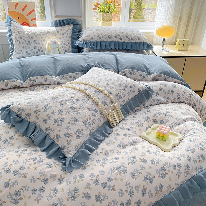 91家纺网 家纺一手货源 找家纺 提花大世界 2025直播热款A类针织棉双层纱夹棉床盖床裙花边单件三件四件套 畅游花海