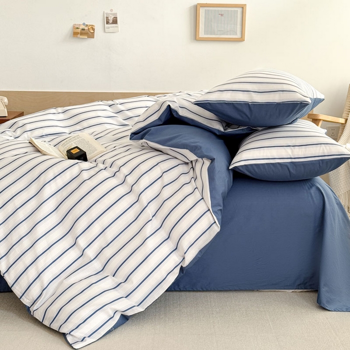 91家纺网 家纺一手货源 找家纺 梦舒羽 2025新款40支13372全棉纯棉简约时尚四件套宿舍三件套 条纹蓝