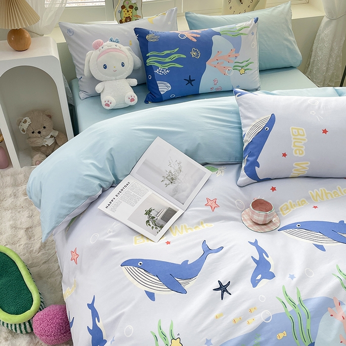 91家纺网 家纺一手货源 找家纺 宜家坊 2025热款全棉四件套学生床三件套单品床单床笠单被套印花小清新卡通碎花纯棉三四件套 鲸鱼