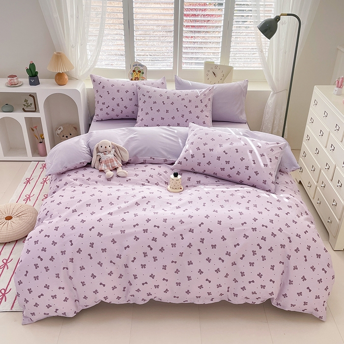 91家纺网 家纺一手货源 找家纺 宜家坊 2025热款全棉四件套学生床三件套单品床单床笠单被套印花小清新卡通碎花纯棉三四件套 紫色蝴蝶结