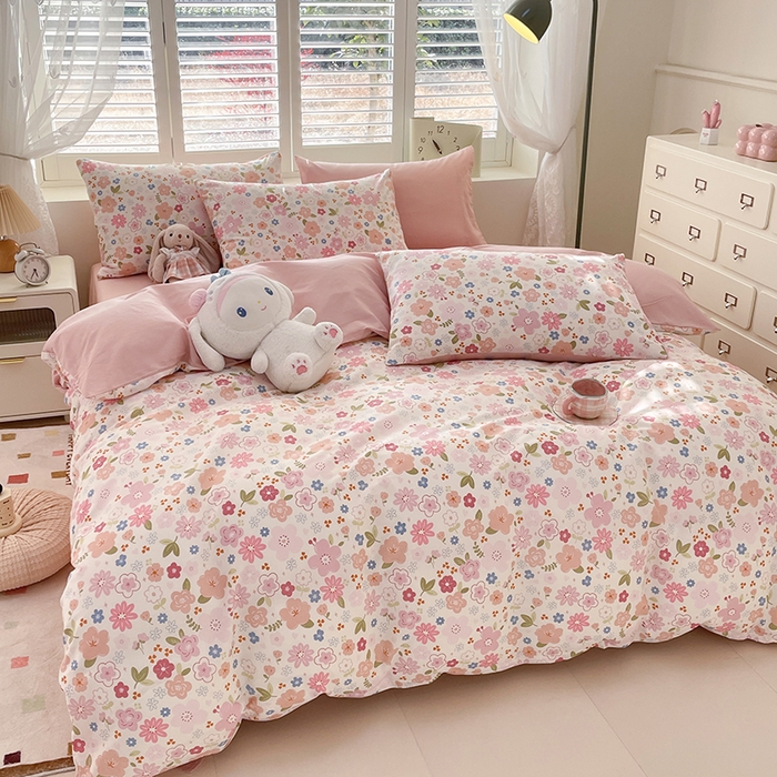 91家纺网 家纺一手货源 找家纺 宜家坊 2025热款全棉四件套学生床三件套单品床单床笠单被套印花小清新卡通碎花纯棉三四件套 粉色浪漫