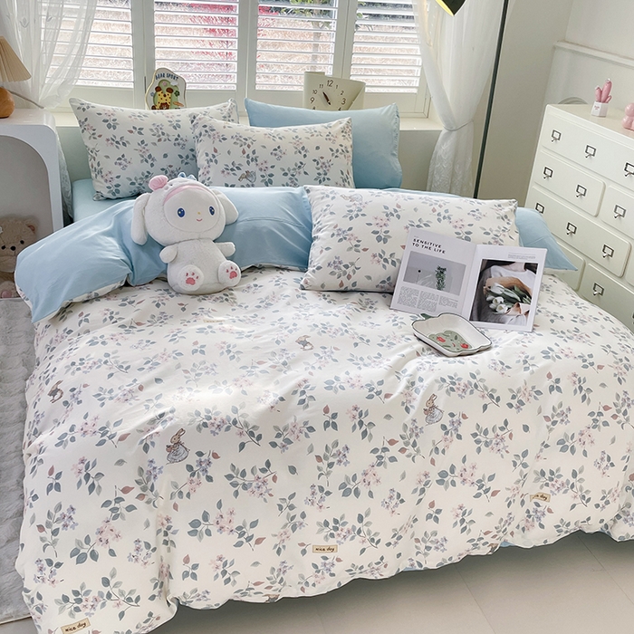 91家纺网 家纺一手货源 找家纺 宜家坊 2025热款全棉四件套学生床三件套单品床单床笠单被套印花小清新卡通碎花纯棉三四件套 叶情并茂