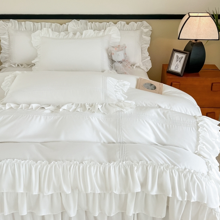 91家纺网 家纺一手货源 找家纺 乐卧家居2026新款法式浪漫经典直条褶边双层荷叶边四件套飘逸系列 飘逸-白