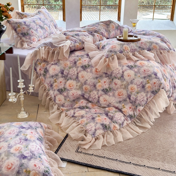 91家纺网 家纺一手货源 找家纺 仟网汇 2025新款韩版棉代尔法式四件套 卡洛琳