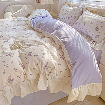 91家纺网 家纺一手货源 找家纺 （总）金梦拉2025新款云朵泡泡纱韩系小碎花格纹系列皱皱纱四件套