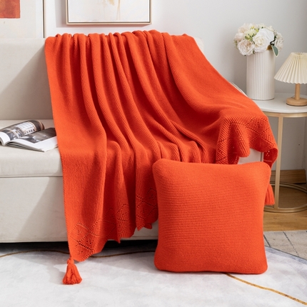 肖恩毯业 2025新款鹿毛绒针织毯纯色素色螺纹镂空苏头北欧毛毯复古沙发毯休闲毯子 暗橘色