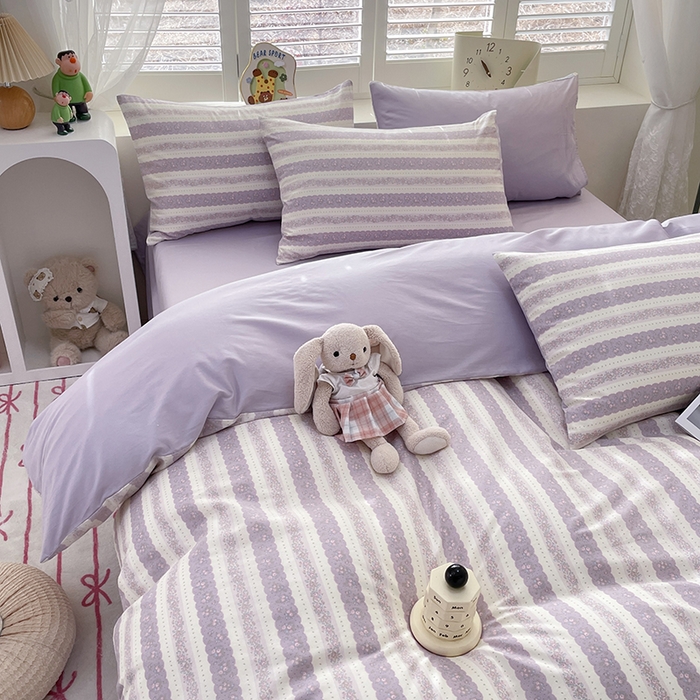 91家纺网 家纺一手货源 找家纺 宜家坊 2025热款全棉四件套学生床三件套单品床单床笠单被套印花小清新卡通碎花纯棉三四件套 紫朱花