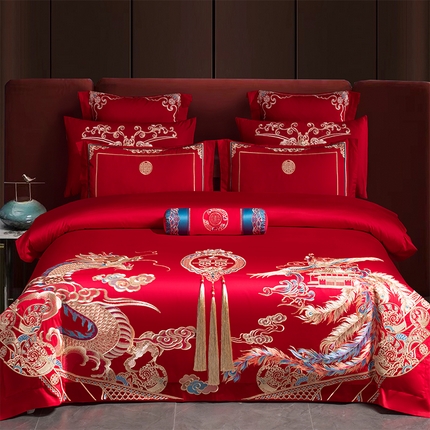 博之洋婚庆 2025新款全棉长绒棉刺绣新中式婚庆系列多件套 龙凤爱恋-金