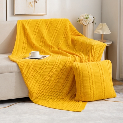 肖恩毯业 2025新款鹿毛绒针织毯纯色素色螺纹镂空苏头北欧毛毯复古沙发毯休闲毯子 黄色
