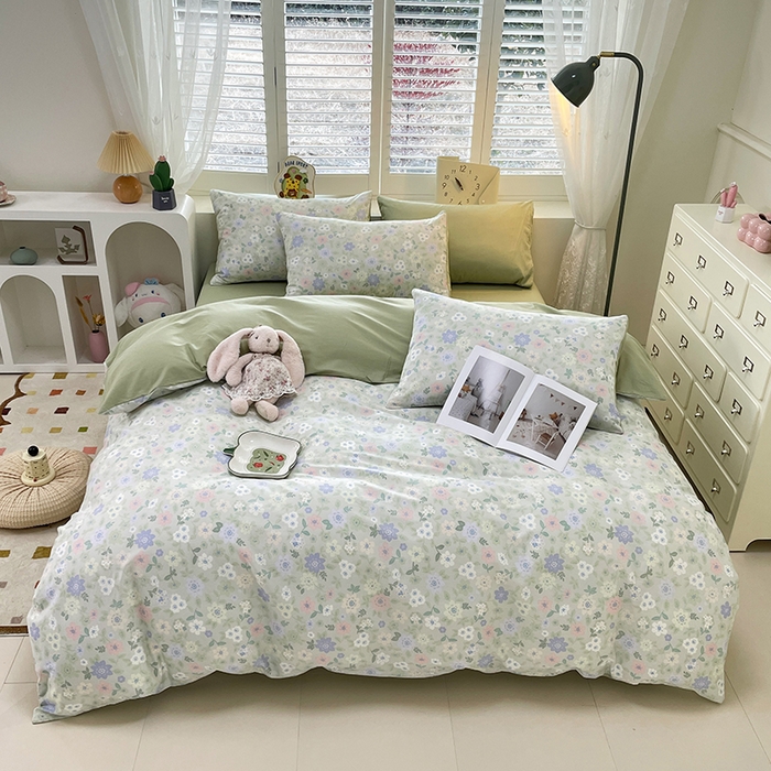 91家纺网 家纺一手货源 找家纺 宜家坊 2025热款全棉四件套学生床三件套单品床单床笠单被套印花小清新卡通碎花纯棉三四件套 绿意盎然