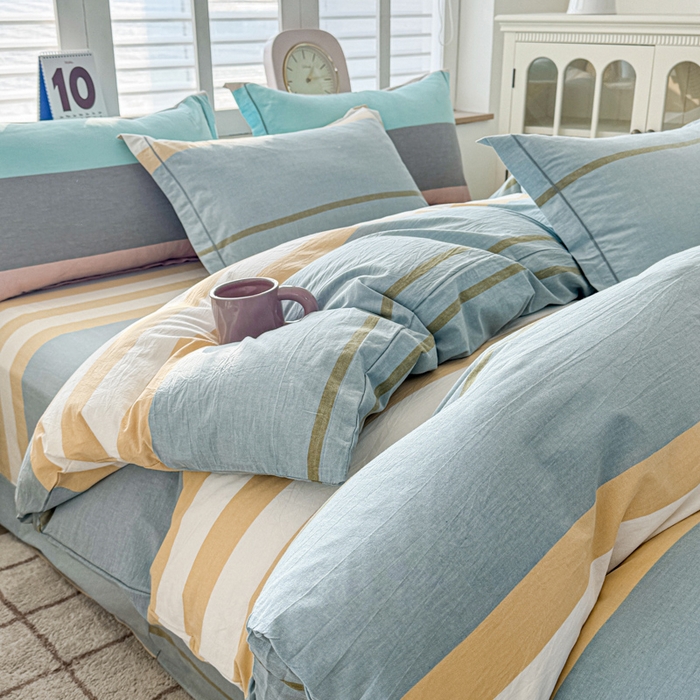 91家纺网 家纺一手货源 找家纺 喜四方 2025新款全棉色织水洗棉四件套 往事-绿