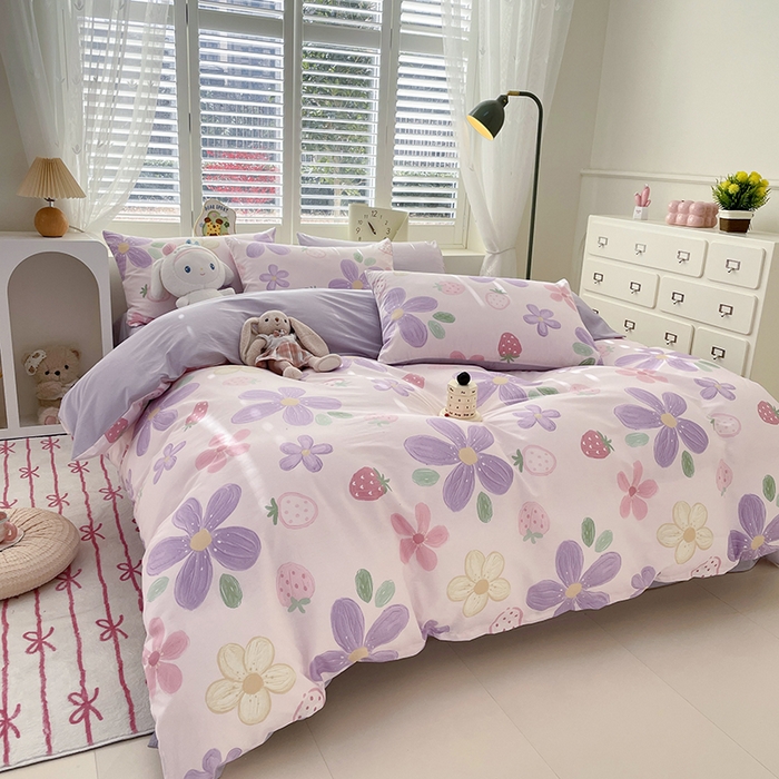 91家纺网 家纺一手货源 找家纺 宜家坊 2025热款全棉四件套学生床三件套单品床单床笠单被套印花小清新卡通碎花纯棉三四件套 泫雅紫