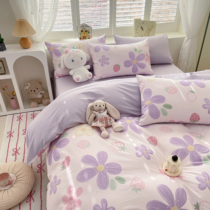 91家纺网 家纺一手货源 找家纺 宜家坊 2025热款全棉四件套学生床三件套单品床单床笠单被套印花小清新卡通碎花纯棉三四件套 泫雅紫