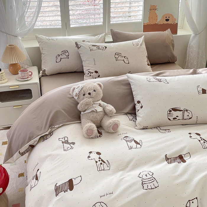 91家纺网 家纺一手货源 找家纺 宜家坊 2025热款全棉四件套学生床三件套单品床单床笠单被套印花小清新卡通碎花纯棉三四件套 休闲狗