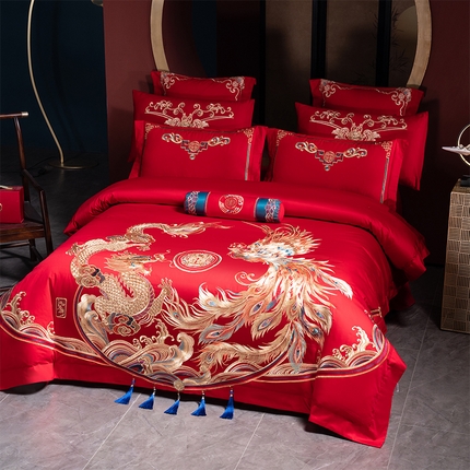 91家纺网 家纺一手货源 找家纺 博之洋婚庆 2025新款全棉长绒棉刺绣新中式婚庆系列多件套 龙腾盛世