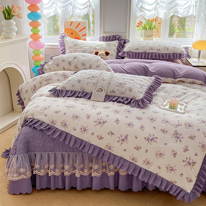 91家纺网 家纺一手货源 找家纺 提花大世界 2025直播热款A类针织棉双层纱夹棉床盖床裙花边单件三件四件套 幽香私语