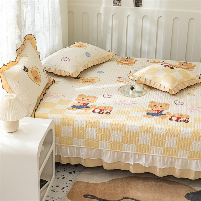 91家纺网 家纺一手货源 找家纺 美优兰 2025新款全棉防滑榻榻米炕垫纯棉床盖三件套 黄油小熊