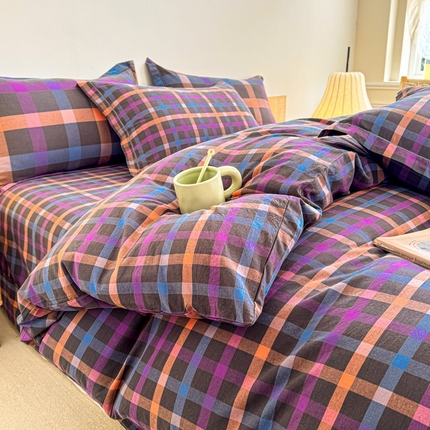 91家纺网 家纺一手货源 找家纺 喜四方 2025新款全棉色织水洗棉四件套 牛油果紫小