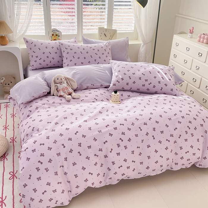 91家纺网 家纺一手货源 找家纺 宜家坊 2025热款全棉四件套学生床三件套单品床单床笠单被套印花小清新卡通碎花纯棉三四件套 紫色蝴蝶结