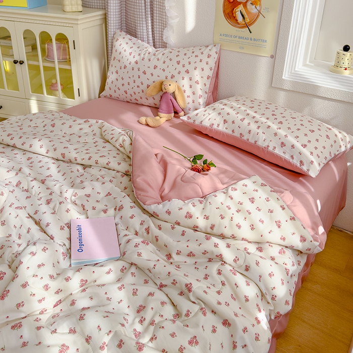 91家纺网 家纺一手货源 找家纺 弗苓家纺 2025 A类有氧针织双层纱夏被四件套直播爆款 复古玫瑰