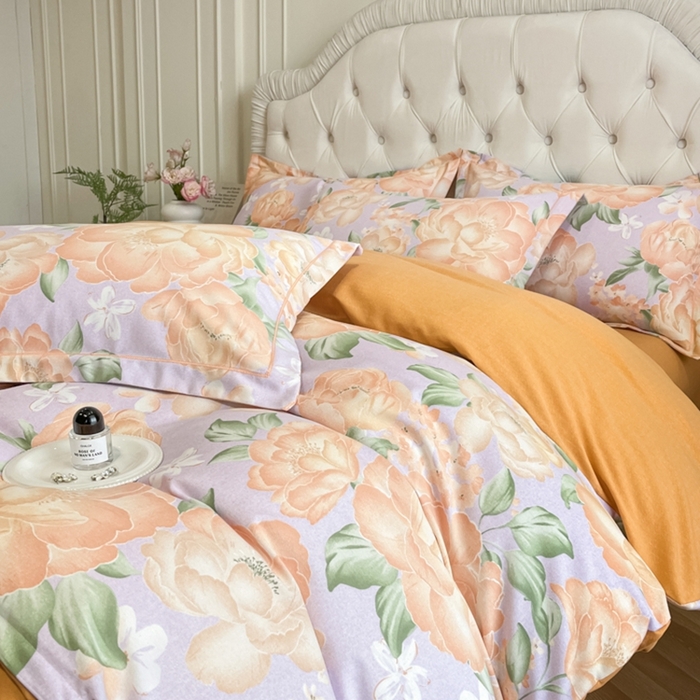 91家纺网 家纺一手货源 找家纺 海洋家纺 2025新款全棉磨毛四件套 富贵满屏 紫