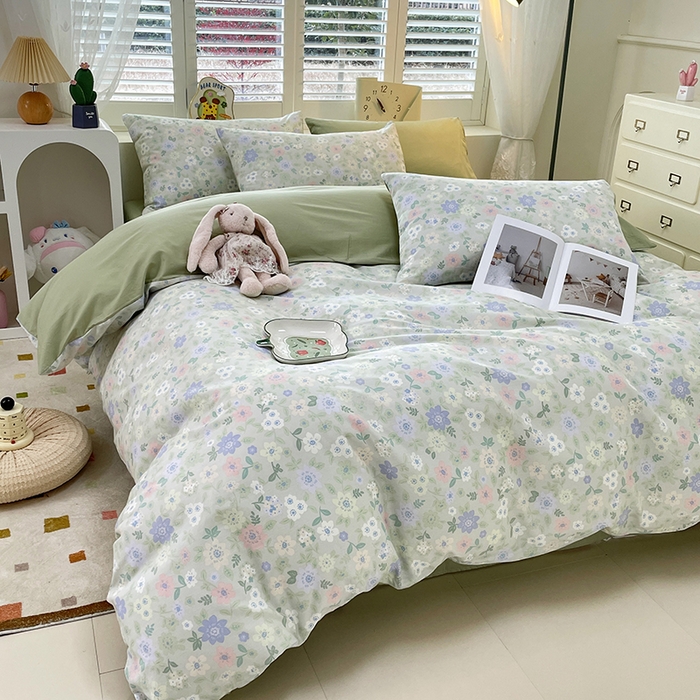 91家纺网 家纺一手货源 找家纺 宜家坊 2025热款全棉四件套学生床三件套单品床单床笠单被套印花小清新卡通碎花纯棉三四件套 绿意盎然