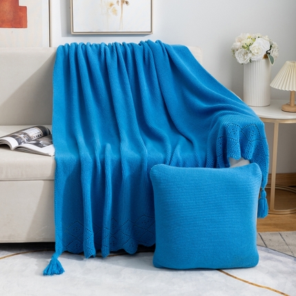 肖恩毯业 2025新款鹿毛绒针织毯纯色素色螺纹镂空苏头北欧毛毯复古沙发毯休闲毯子 天蓝