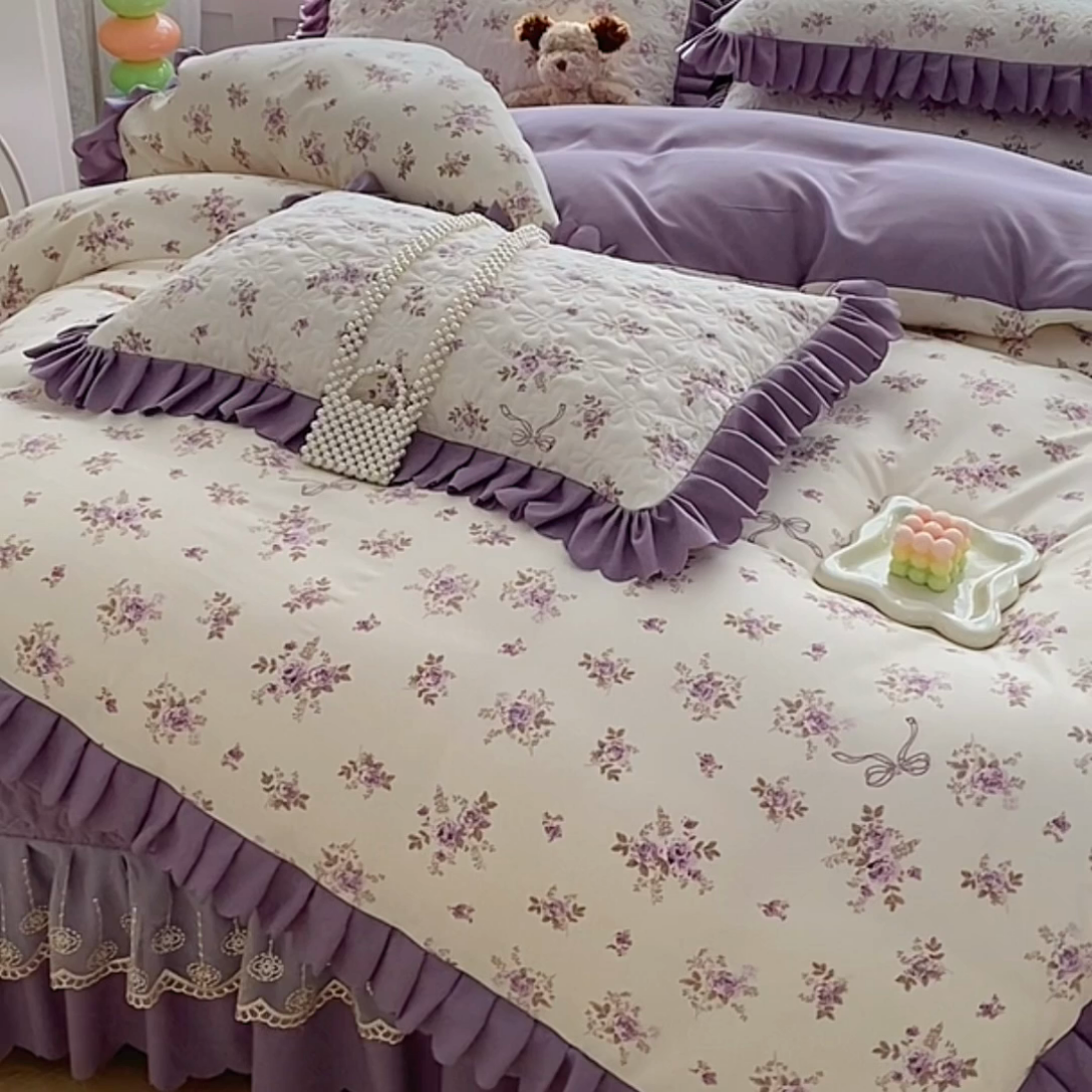 91家纺网 家纺一手货源 找家纺 提花大世界 2025直播热款A类针织棉双层纱夹棉床盖床裙花边单件三件四件套 幽香私语