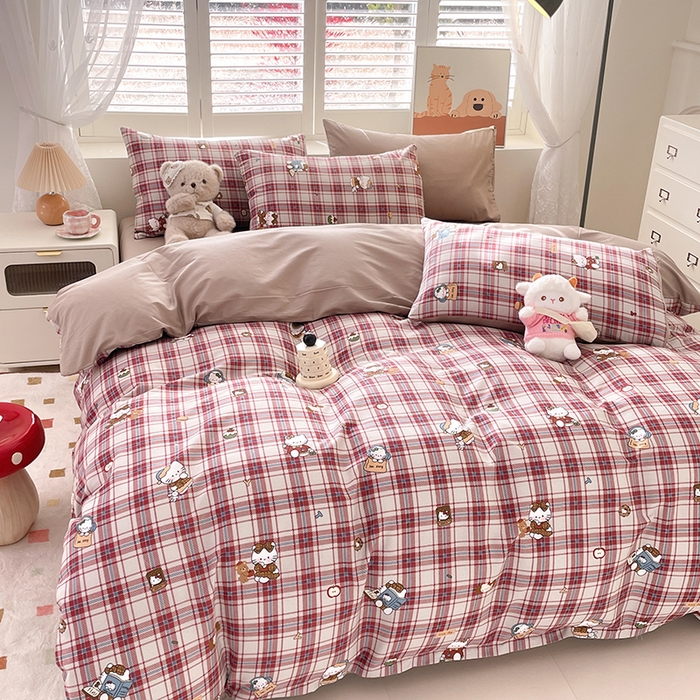 91家纺网 家纺一手货源 找家纺 宜家坊 2025热款全棉四件套学生床三件套单品床单床笠单被套印花小清新卡通碎花纯棉三四件套 格子凯特