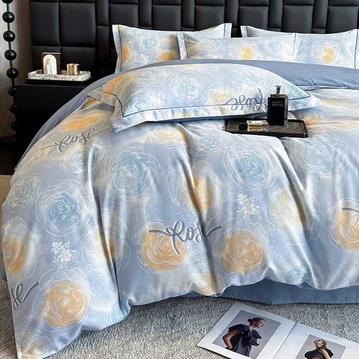 91家纺网 家纺一手货源 找家纺 海洋家纺 2025新款全棉磨毛四件套 花香满园 蓝