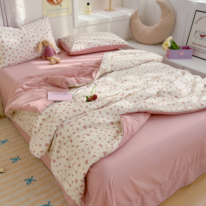 91家纺网 家纺一手货源 找家纺 弗苓家纺 2025 A类有氧针织双层纱夏被四件套直播爆款 复古玫瑰